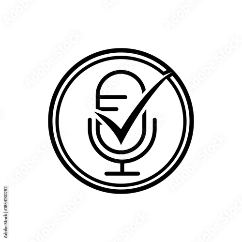 Black and white line art icon of a microphone with a checkmark, symbolizing verified audio or sound recording quality and approval.