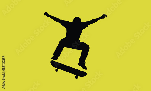 Skateboarder silhouette performing aerial trick on bright yellow background, extreme sports concept, urban youth lifestyle action motion, energy, freedom, creativity