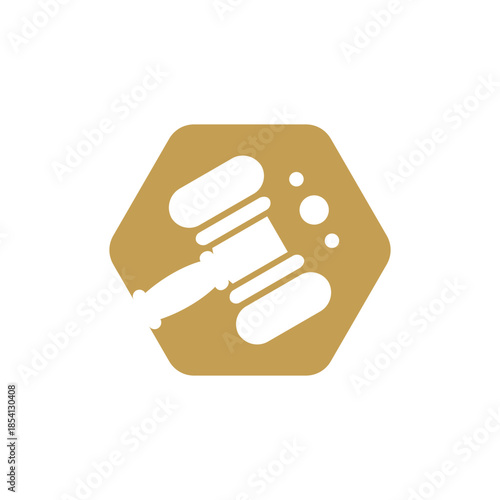 A white gavel icon inside a golden hexagonal shape, representing law, justice, or auction.