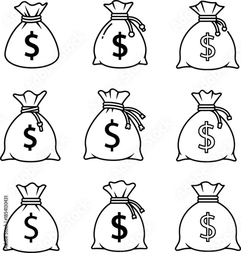 Nine money bags silhouette isolated on transparent background