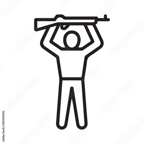 A simple line drawing depicts a person holding a rifle overhead