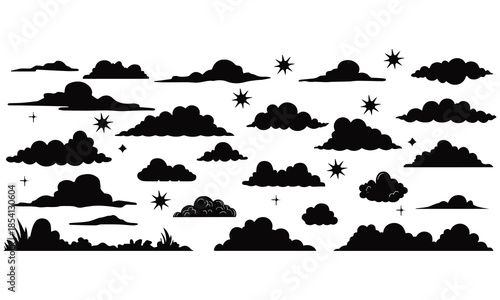 Cloud Silhouette Vector Set – Fluffy Sky, Stars & Weather Clipart