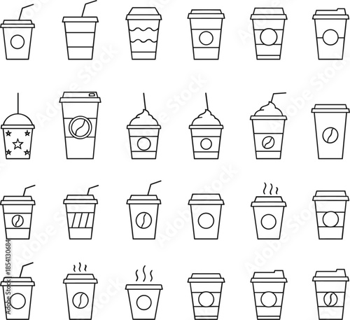 Large vector icon set of takeaway coffee cups bubble tea with pearls and hot mugs in minimalist line art style for menus