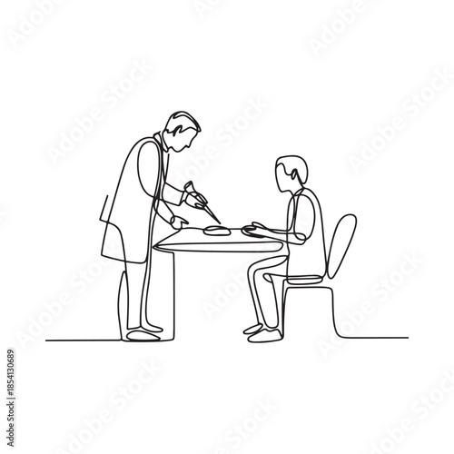 A continuous line drawing of a waiter serving a customer at a table