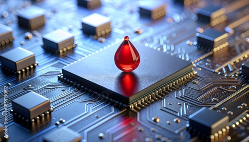 Macro electronic microchip with blood drop high resolution photo