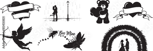 Romantic Couple Silhouette at Sunset Meadow Vector