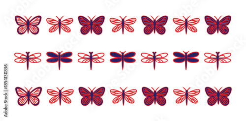 Red and blue butterflies and dragonflies in rows, outlined design on white