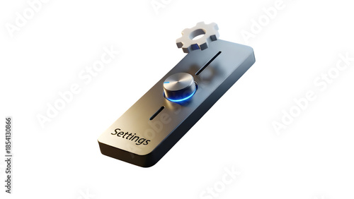 3d render of a metallic settings slider control with glowing blue knob and gear icon isolated on transparent background