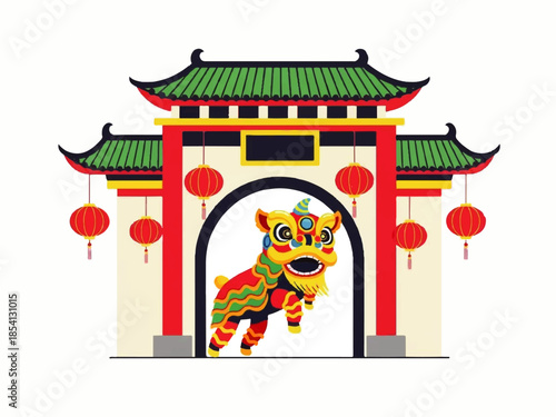 Vibrant illustration of a traditional Chinese gate with red lanterns and a colorful lion dance costume emerging from the archway, symbolizing cultural celebration.