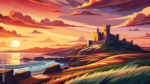 Very beautiful panoramic sunset view of Dunstanburgh Castle on the Northumberland coast, with dramatic ruins silhouetted against the sky and rugged coastal scenery.