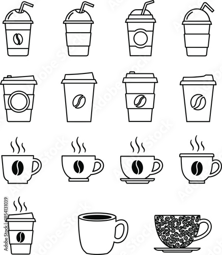 Minimalist beverage container collection featuring iced coffee cups boba tea and hot espresso mugs in black line art and silhouette
