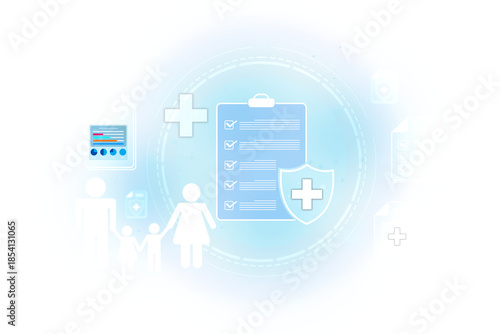 Health cover concept family icon in frame covering plus sign. Health insurance and medical welfare concept. Future healthcare planning. Isolated on transparent background best for overlay blending