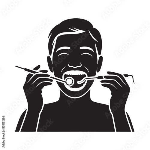 A smiling person having their teeth checked with dental tools