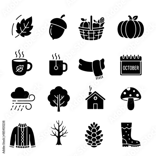 Black Autumn Season Icon Set for App and Calendar Black Autumn Season Icons Minimal Black Autumn Design, Illustration Vector Design.