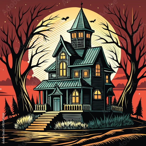 Spooky Haunted Mansion on a Hill Under a Full Moon.