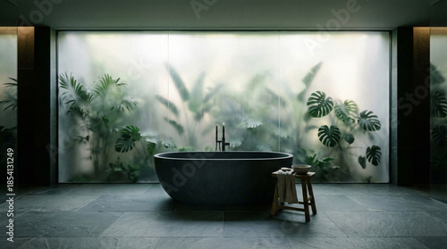Dark stone freestanding bathtub in a minimalist bathroom with a frosted glass window revealing tropical plant silhouettes.