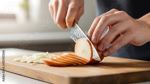person correctly dicing an onion