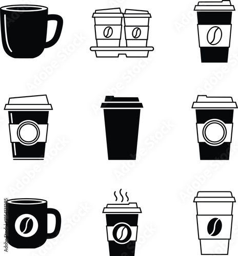 Minimalist beverage container set with disposable takeaway cups plastic boba tea mugs and steaming ceramic cups in outline vector style