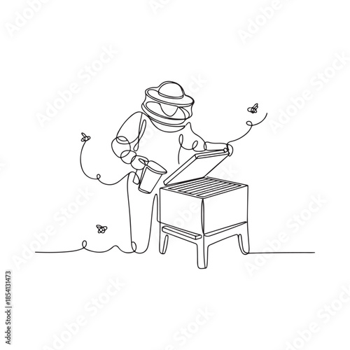 Beekeeper tending to a beehive with protective gear and flying bees