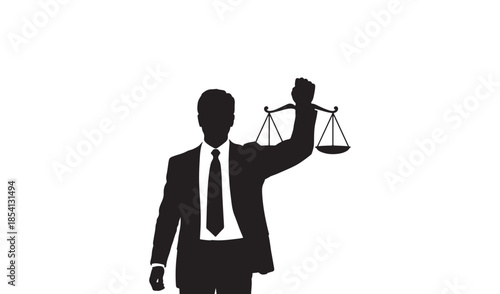 Silhouette of a lawyer or professional man in a suit holding the scales of justice representing legal balance and fairness