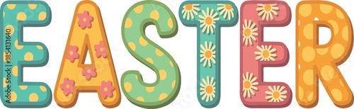 Colorful Decorative Easter Text Vector Illustration with Floral and Polka Dot Patterns for Spring Holiday Design