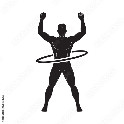 Silhouette of a muscular man spinning a hula hoop fitness activity