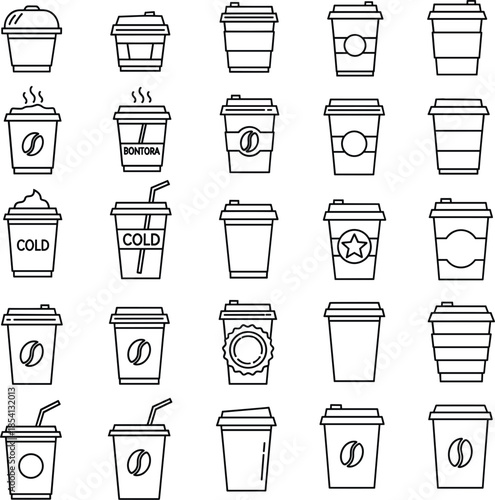 Set of disposable coffee cups with straws and ceramic mugs for beverage shop menu design and commercial cafe advertising illustrations in vector format.