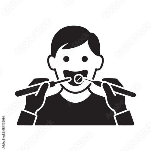 A black and white icon depicting a dental checkup with a patient and dentist