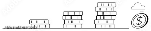 Financial growth, investment strategies, economic trends, savings goals, wealth building, digital economy. Stacked coins increasing in size with dollar coin and cloud outline. Financial growth