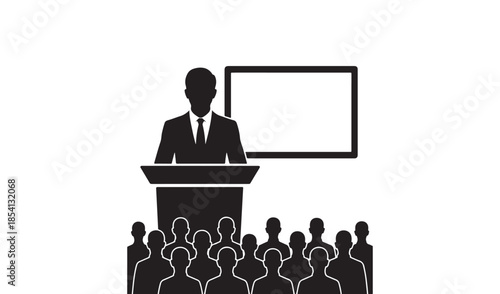 Public speaker giving a presentation at a podium in front of an audience with a blank screen for conference concepts
