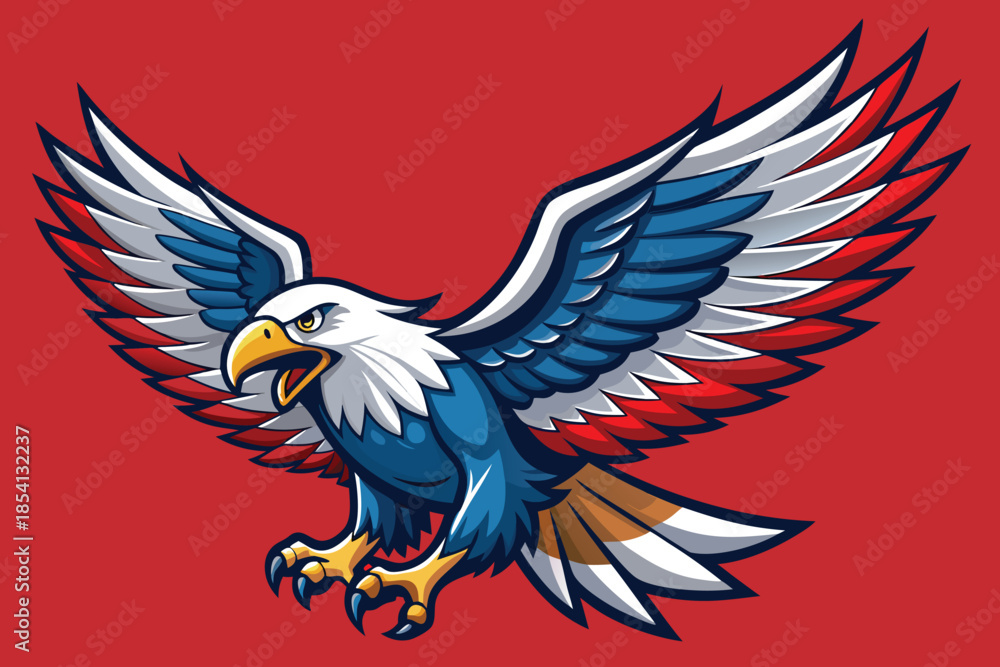 Obraz premium A cartoon vector illustration of a wild eagle with red wings and a ribbon flying like a powerful animal symbol of freedom