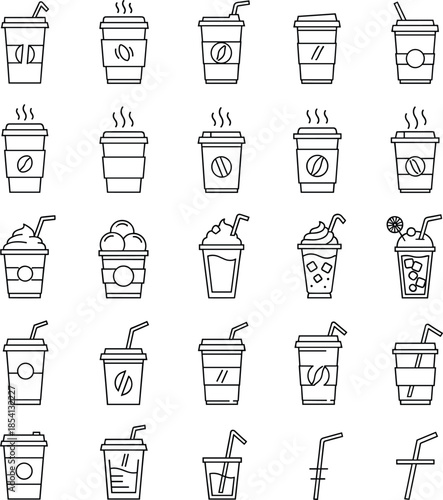 Set of minimalist coffee cup symbols including frappe latte and iced coffee icons for mobile apps and web interface
