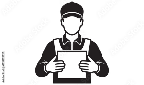 Delivery worker silhouette in a cap and uniform holding a square package box for shipping services