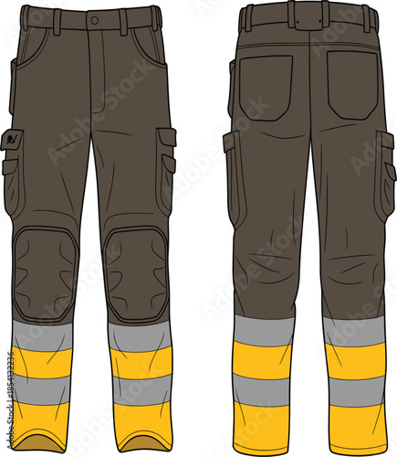Industrial safety workwear cargo pants with reflective stripes, knee pads, and utility pockets, brown vector illustration