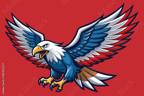 A cartoon vector illustration of a wild eagle with red wings and a ribbon flying like a powerful animal symbol of freedom
