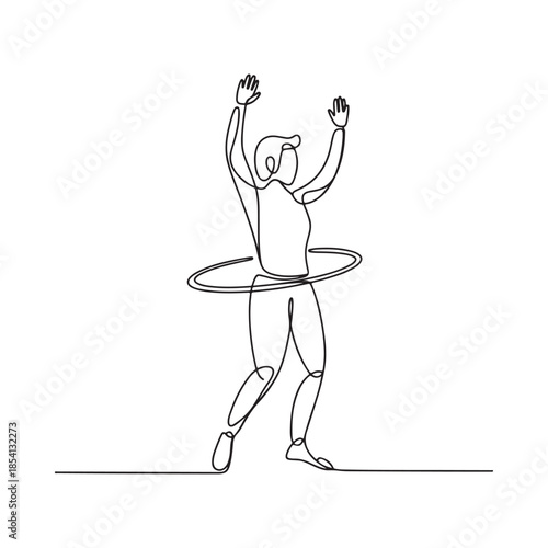 A continuous line drawing of a person joyfully hula hooping outdoors