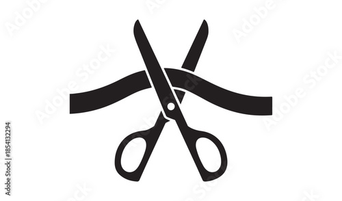 Silhouette of scissors cutting through a ribbon for an inauguration or grand opening celebration event