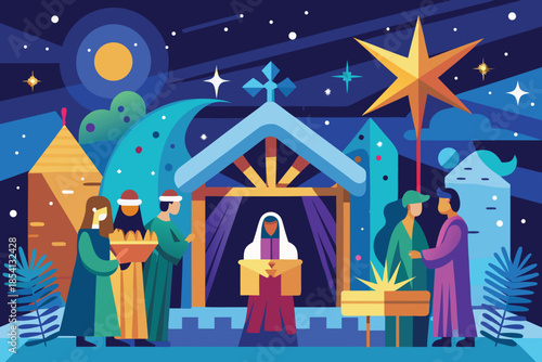 Nativity Scene with Three Wise Men and Starry Night Sky.