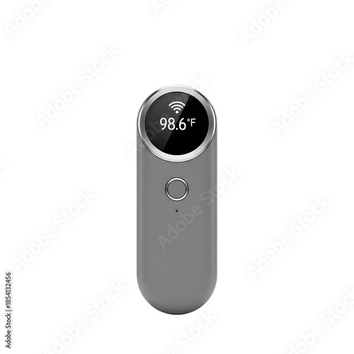 Modern digital infrared forehead thermometer with wireless connectivity displaying temperature isolated on transparent background
