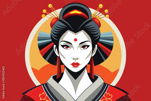 Elegant Geisha Portrait with Traditional Japanese Kimono and Ornate Hairpiece.