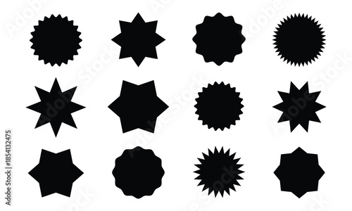 Retro Sunburst icon set, Vintage sunburst vector. Wavy edge circle promo black badges. Starburst speech bubbles.  Radial Sunburst element. Vector illustration.