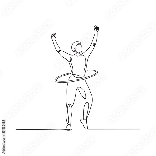 A single line drawing of a person celebrating with a hula hoop