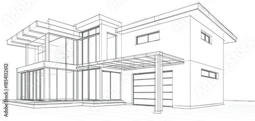Modern luxury house architectural sketch with glass walls and garage, 3d wireframe building vector illustration design