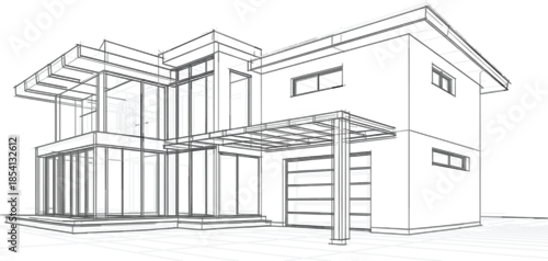 Fototapeta Modern luxury house architectural sketch with glass walls and garage, 3d wireframe building vector illustration design