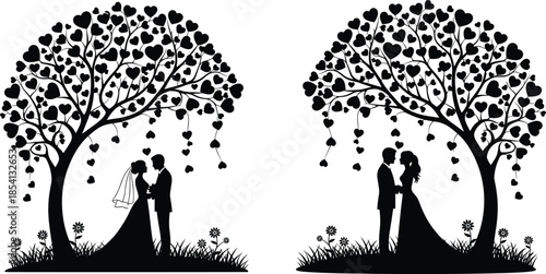Romantic wedding couple silhouettes under heart tree illustration for love marriage engagement anniversary invitation decoration vector design projects branding printable