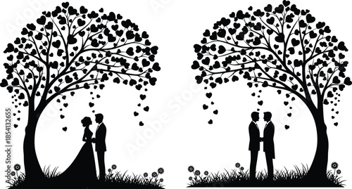 Romantic couple silhouettes under heart shaped tree illustration symbolizing love wedding engagement anniversary for elegant invitation decoration vector designs