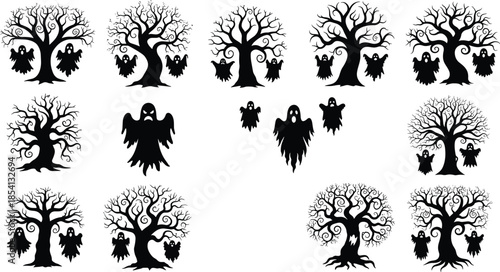 Spooky haunted trees and flying ghost silhouettes collection for Halloween horror decoration creepy forest night vector design projects