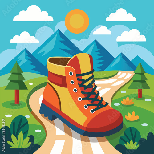 Vibrant Hiking Boot on a Winding Trail Through a Mountain Landscape.