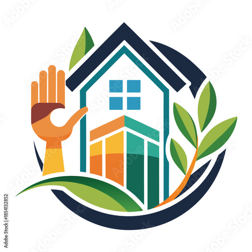 Eco-friendly house with hand and leaves logo concept.