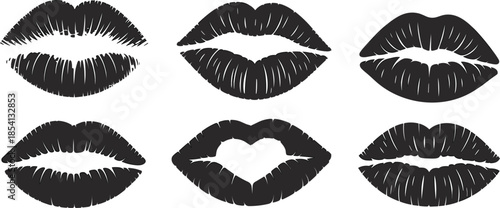 Set of black lipstick kiss marks and textured lip imprints with heart shape vector illustration icons